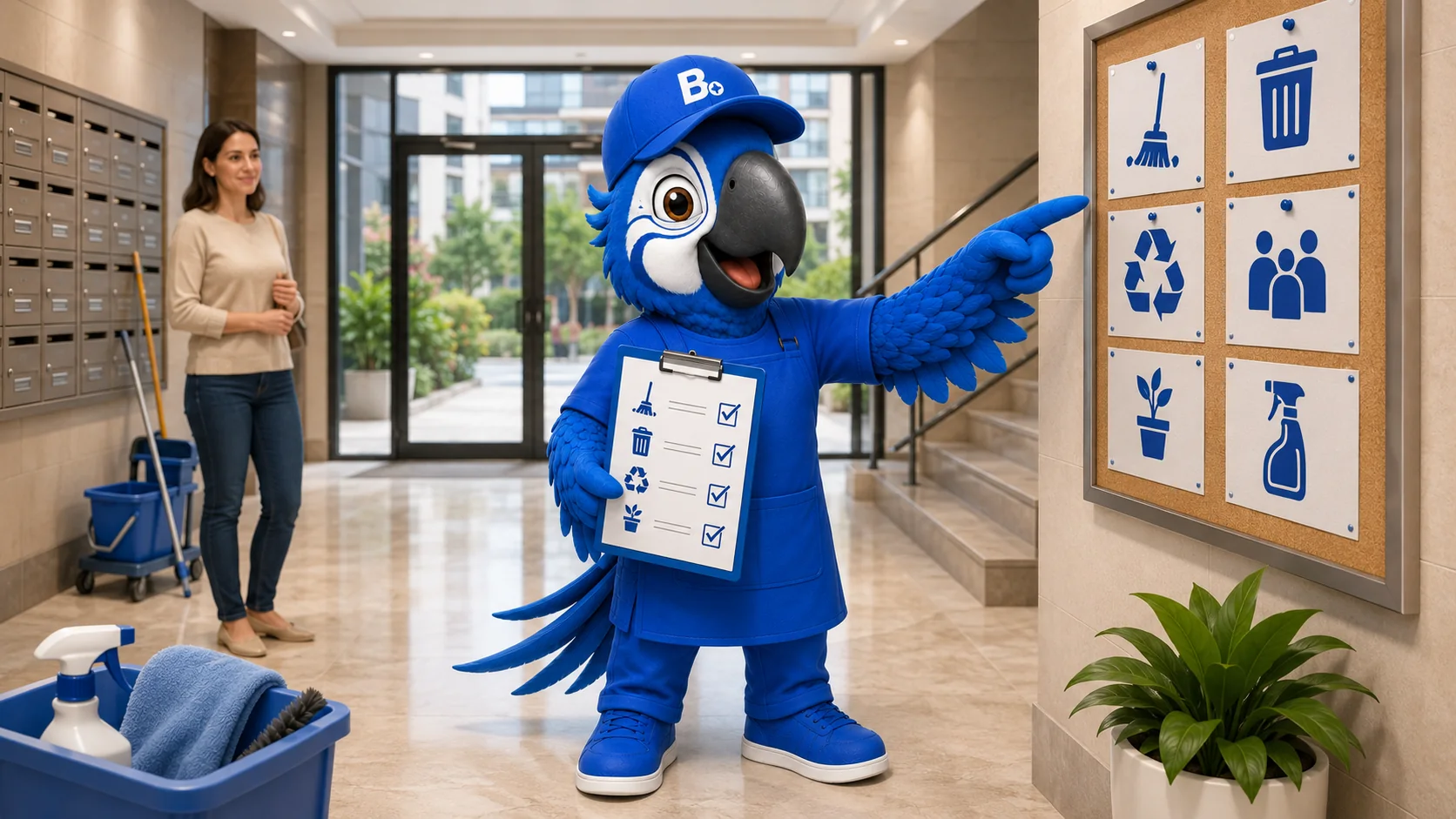 Mascota Brillo Plus explicando normas de limpieza en una comunidad de vecinos