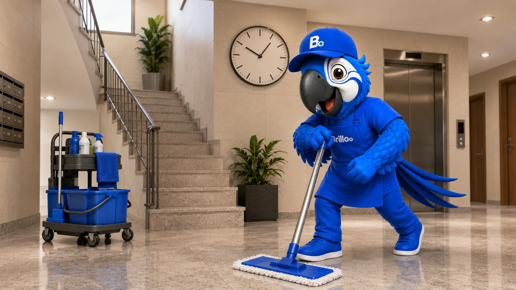 Mascota Brillo Plus limpiando una comunidad con organización y eficiencia