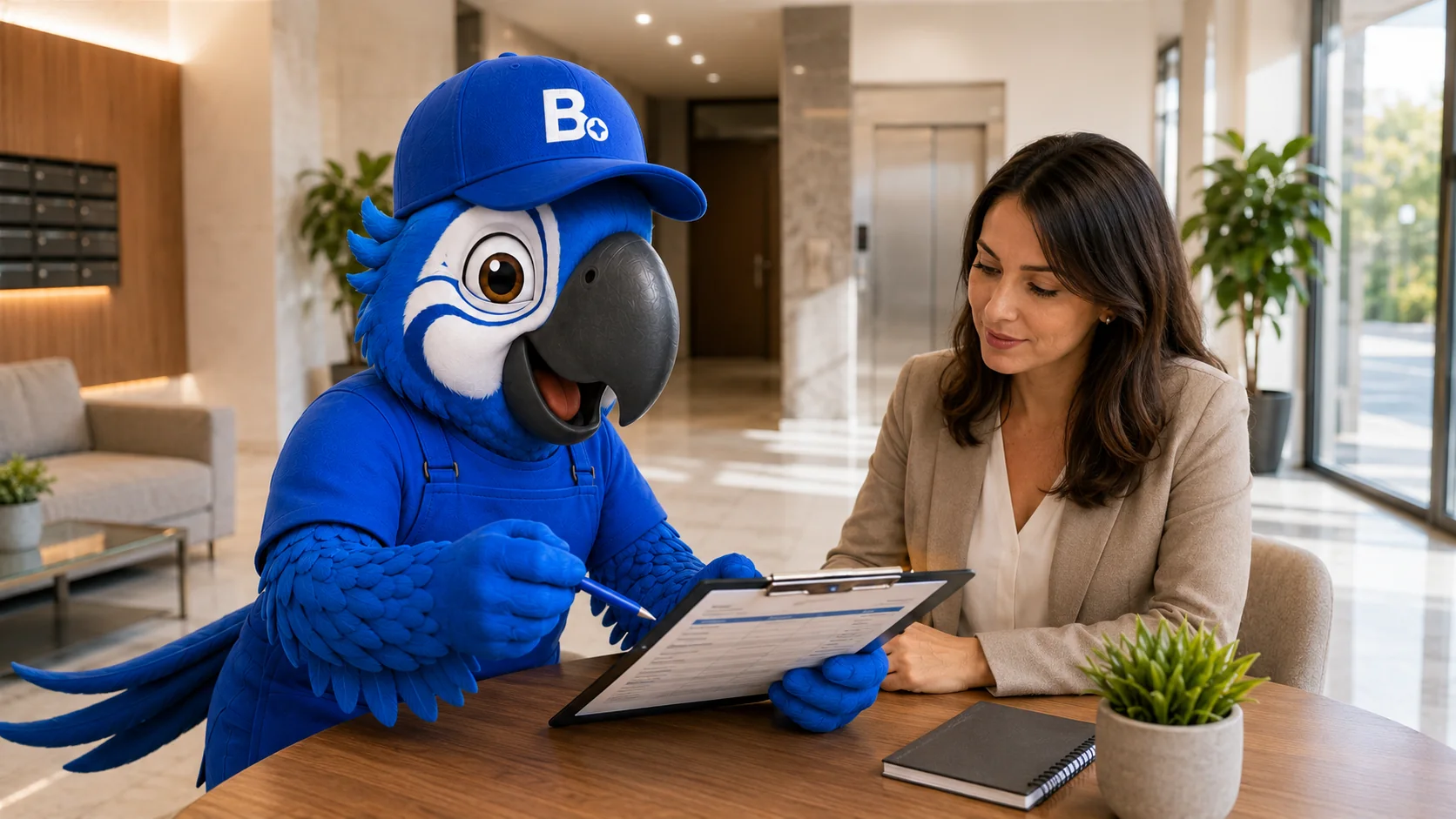 Mascota Brillo Plus revisando una propuesta de limpieza para comunidad de vecinos