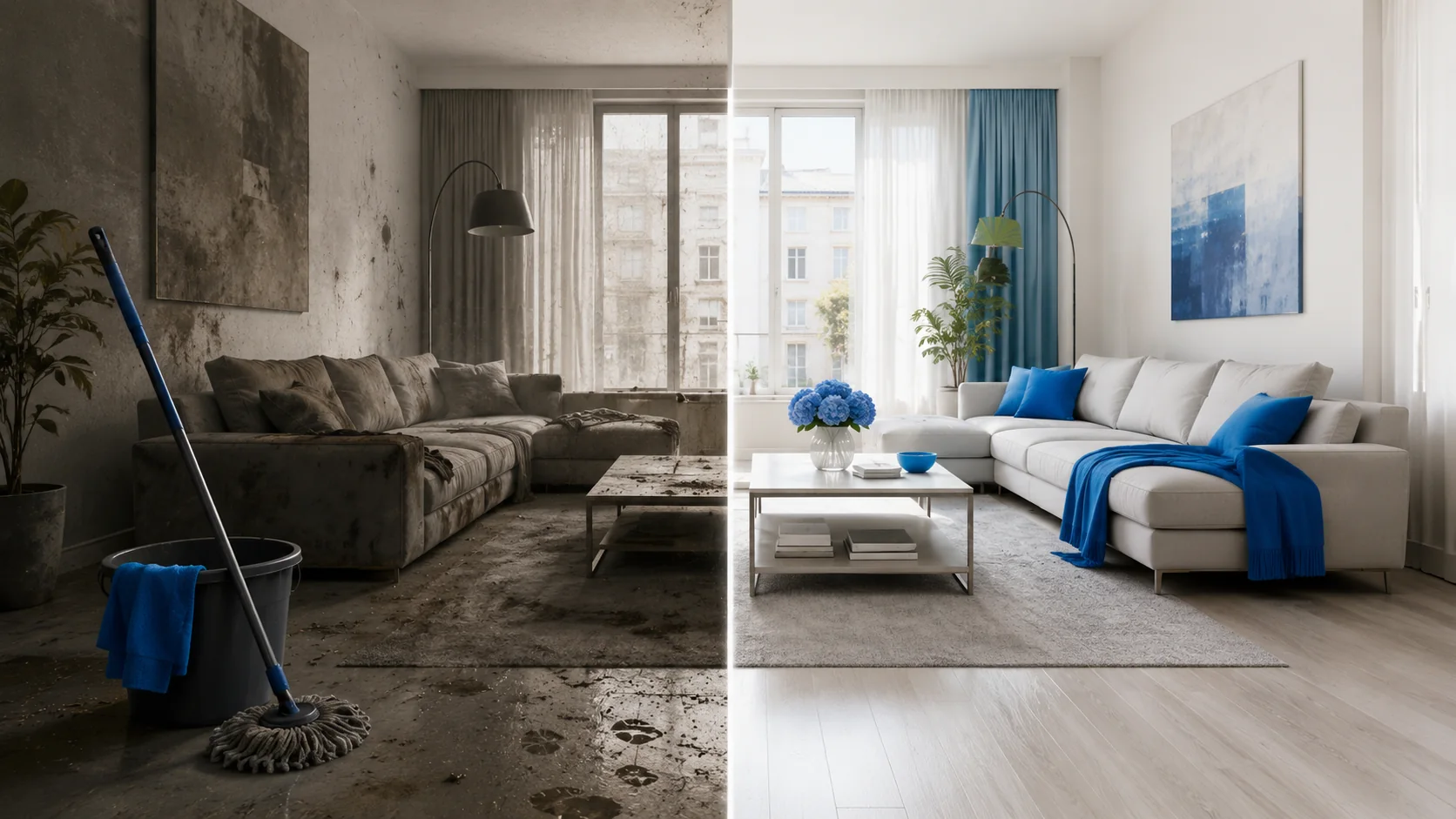 Antes y después de la limpieza en un salón moderno