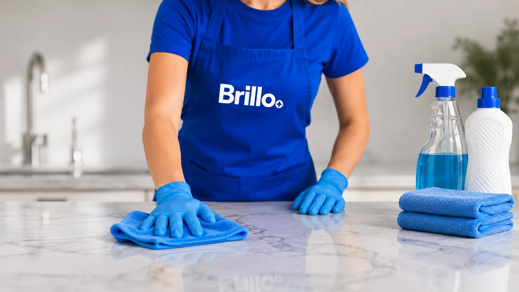 Profesional Brillo Plus limpiando una encimera con paño de microfibra