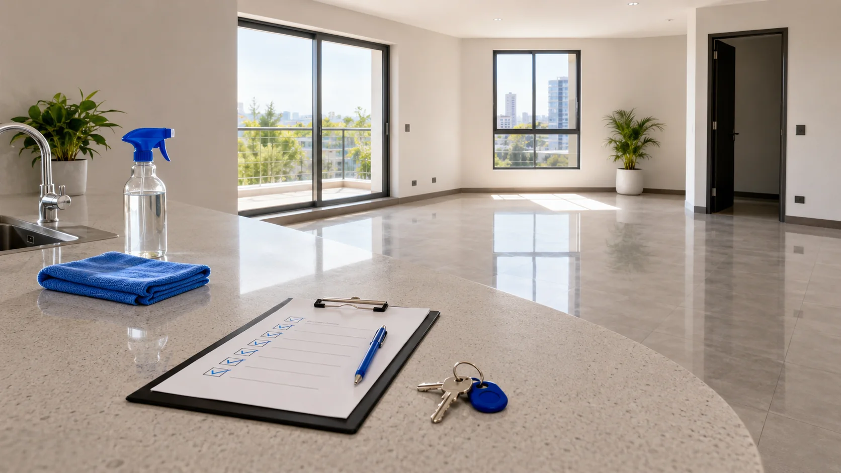 Piso limpio con llaves y checklist antes de entrega