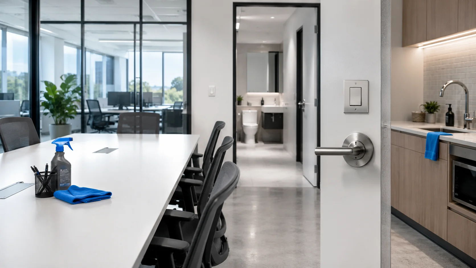 Detalle de mesa de oficina limpia con productos profesionales